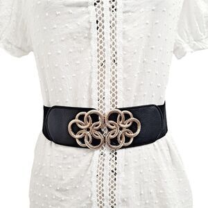 Black Stretch Wide Waist Belt Rope Knot Buckle Elastic Faux Leather Statement